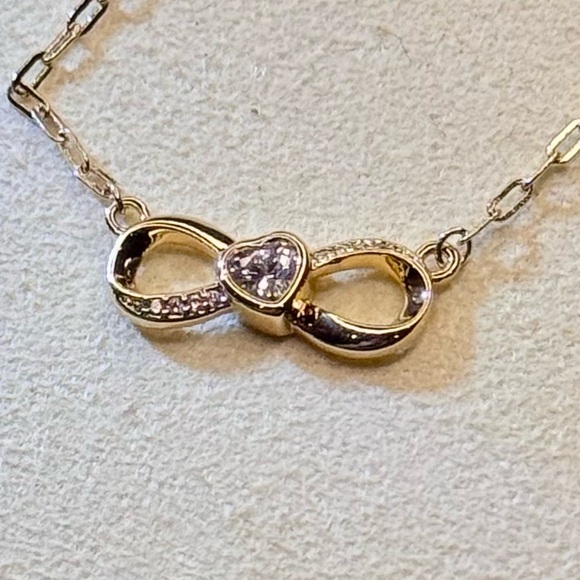 Bow W/ Heart Crystal Pendant 14k Gold overlay Necklace Made W/ Swarovski Crystal - Picture 1 of 6